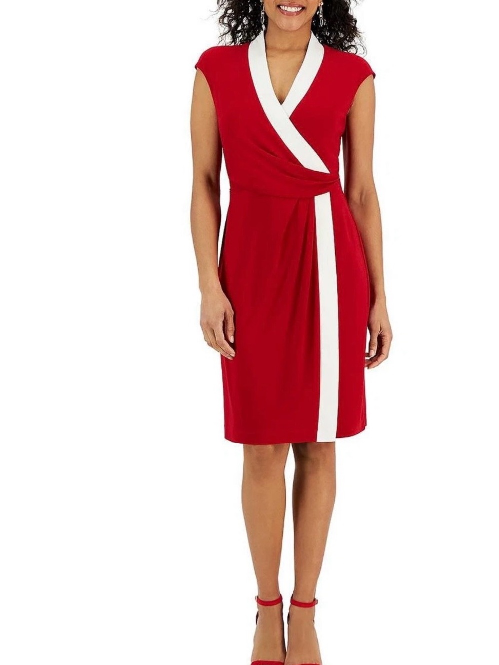 Kasper Red Cap-Sleeve Wrap Dress with White Contrast Trim pageant interview
